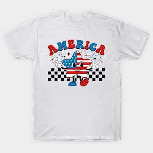 Retro Groovy US Flag Hippie Cute Star America 4th Of July T-Shirt